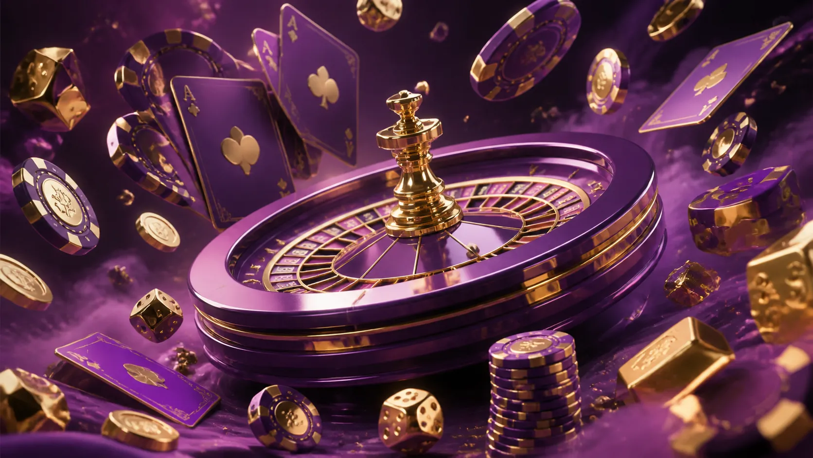 Cinematic luxury casino scene with glowing roulette wheel, floating poker chips, and dynamic light effects